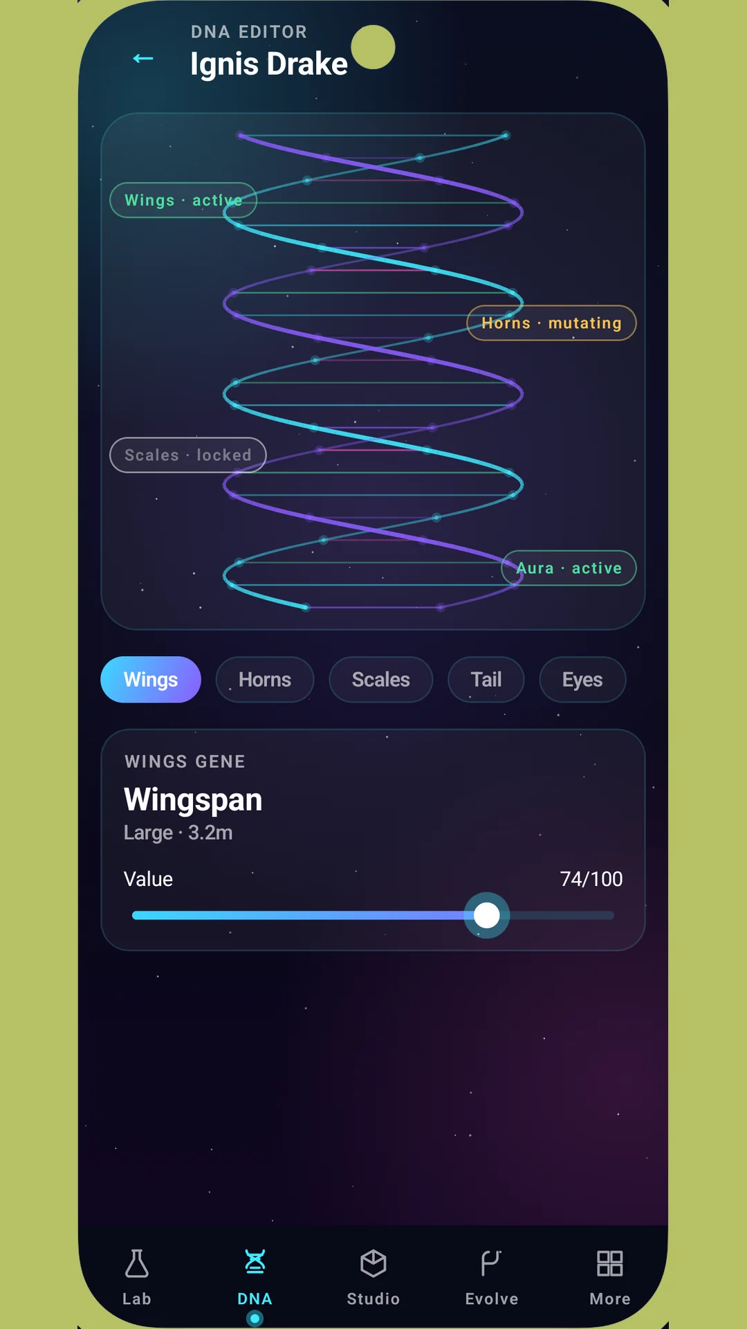 DNA Editor showing an animated double helix with Wings active, Horns mutating, Scales locked and Aura active
