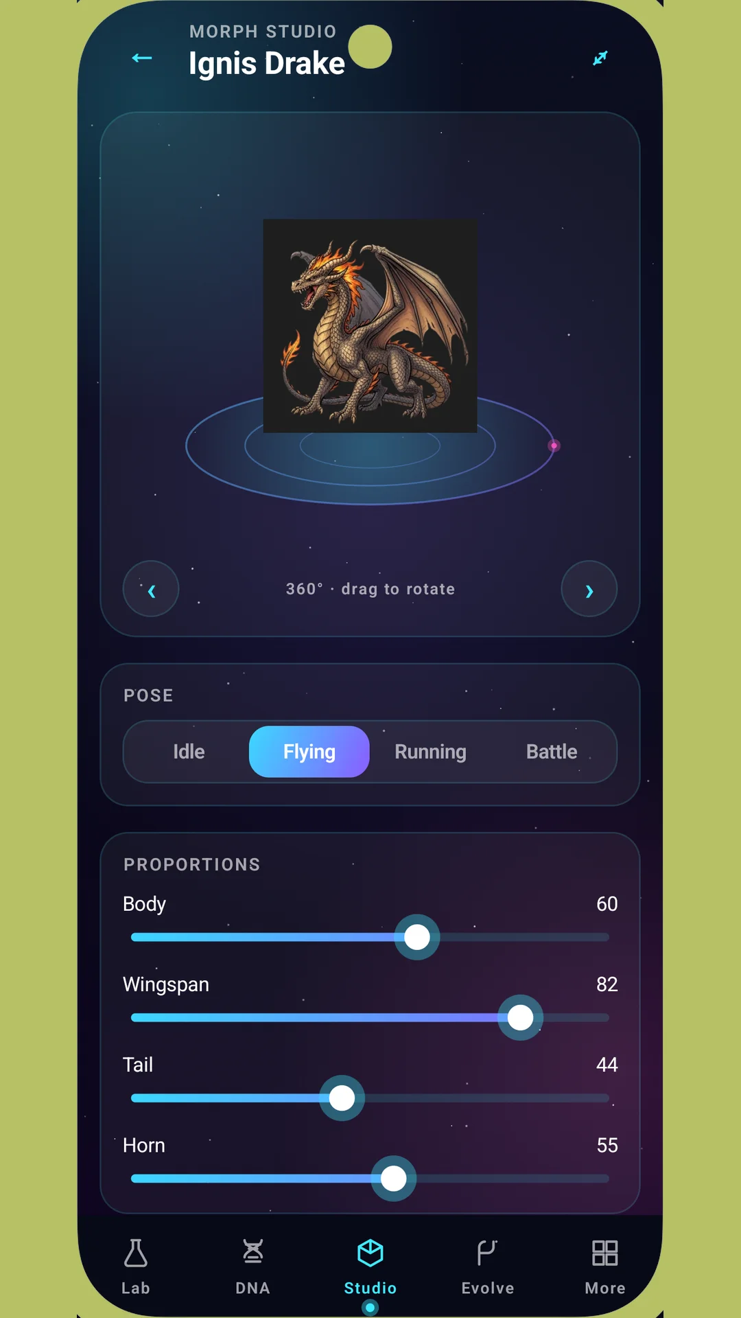 Morph Studio with a 360-degree Ignis Drake turntable, pose selector and proportion sliders for body, wingspan, tail and horn