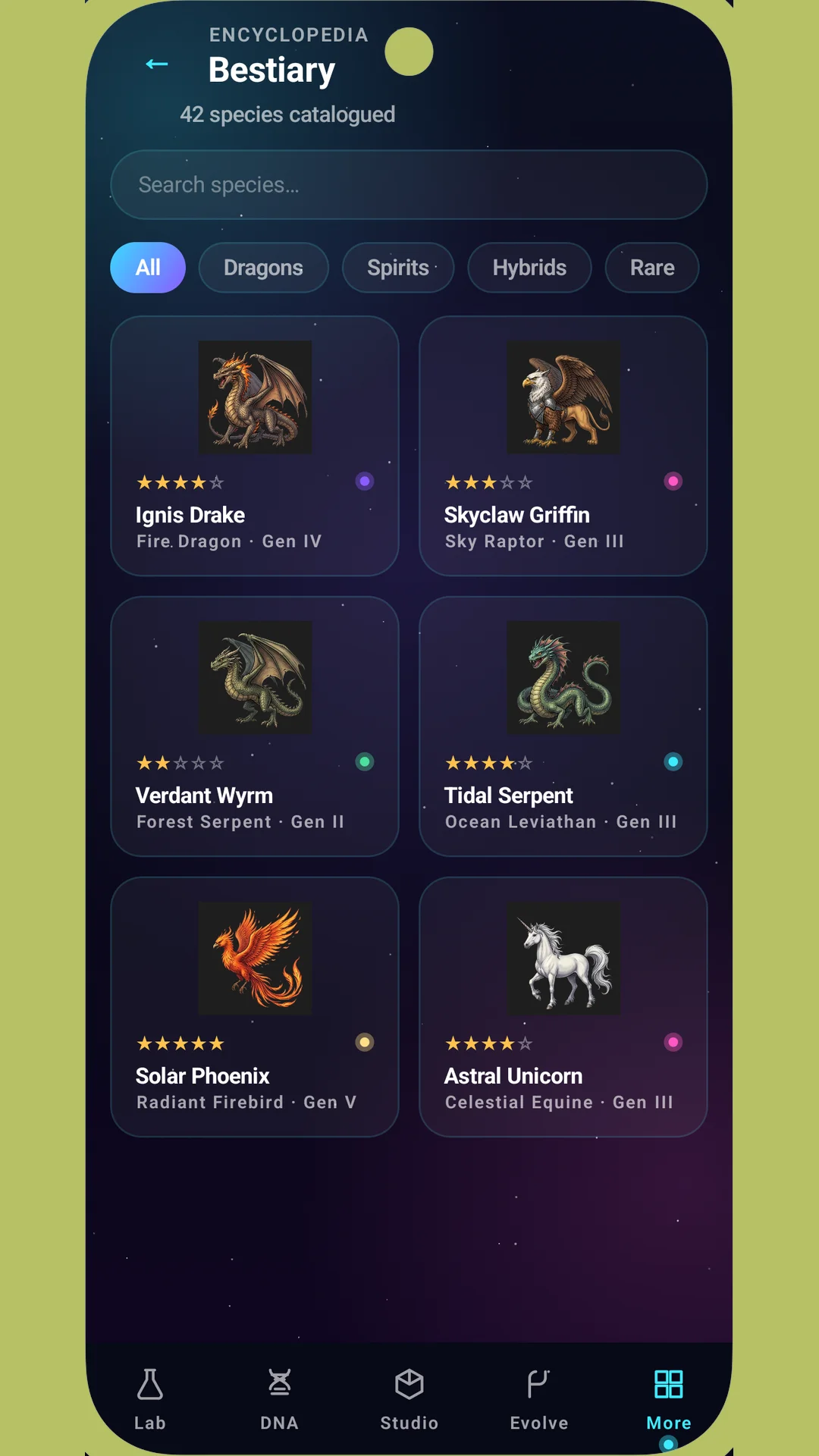 Bestiary encyclopedia listing species by rarity