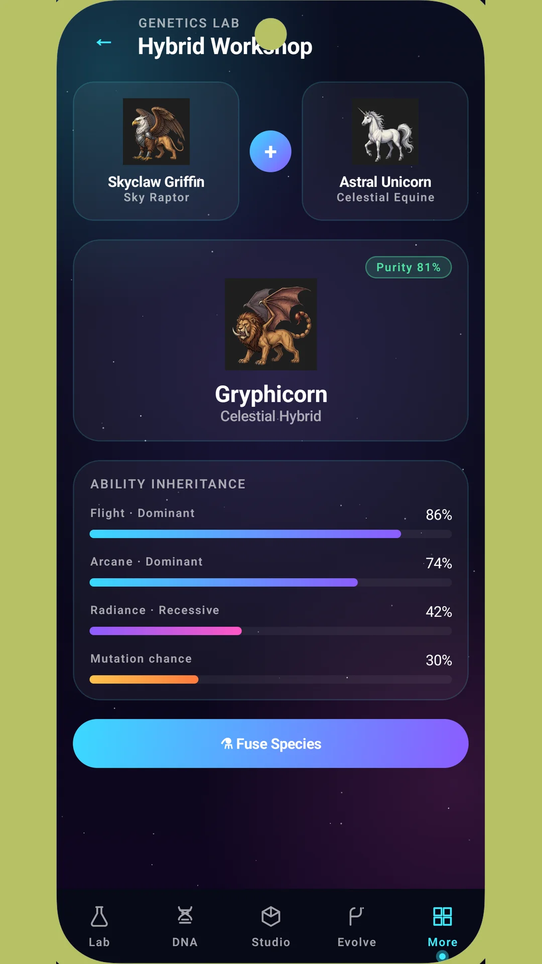 Hybrid Workshop fusing a Skyclaw Griffin and Astral Unicorn into a Gryphicorn with ability inheritance bars and a Fuse Species button